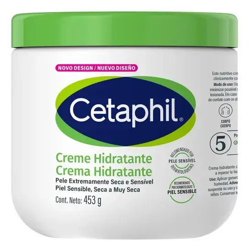 Creme Hidratante Cetaphil para Piel Seca a Muy Seca Sensível 453g Hidrata por até 48 h desde a primeira aplicação, restaura a barreira em 1 semana e acalma com glicerina, pantenol e vitamina E