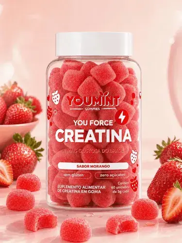 Creatina Gummy Youmint – Sabor Morango – Zero Açúcares – 60 Gomas