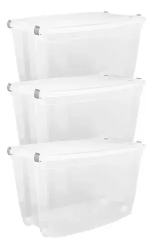 03 Caixa Organizadora Grande Plástico 78 Litros Transparente