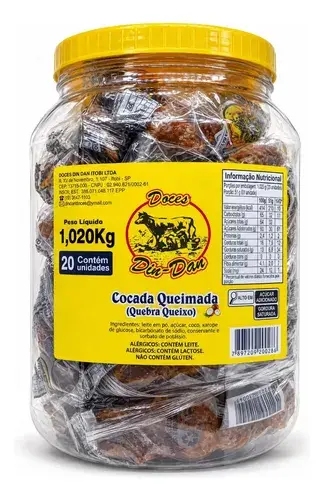 Cocada queimada caseira Din Dan 1,020kg com 20 unidades doce Quebra Queixo