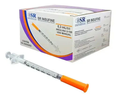 Kit 100un Seringa Insulina 0,3ml 6x0,25mm Agulha Fixa 31g Sr