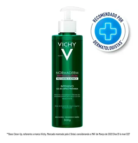 Gel de Limpeza Facial Intensivo, para Pele Oleosa e Acneica, com Ingredientes de Origem Natural, Remove Oleosidade, Reduz Acne e Previne Reaparecimento, Normaderm Vichy 300g