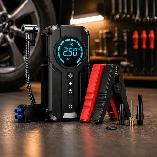 Auxiliar de Partida Bateria e Compressor de Ar Portátil 6 em 1 Inteligente para Carro, Moto e Bicicleta com Lanterna e Power Bank