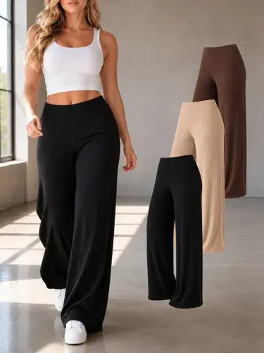 Kit 3 Calças Wide Leg Canelada Feminina Não Marca P Ao Gg