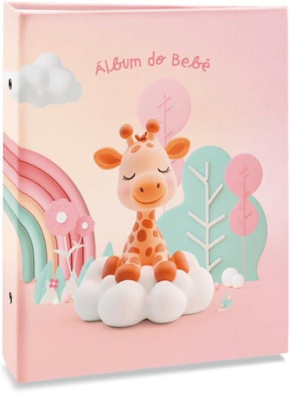 Álbum de fotos Ical, encadernação tradicional, para 80 fotos 15x21cm - envelope plástico transparente - linha Bebê - modelo rosa - girafa - 67