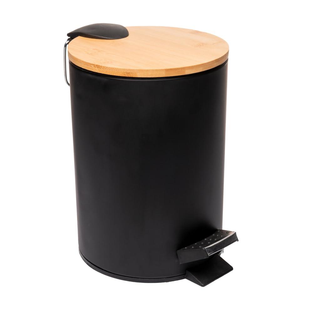 LYOR - Lixeira Redonda De Metal Com Pedal e Tampa Em Bambu Preta 5L
