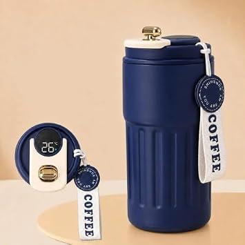 Copo Térmico Café 450ml Inox com Display Digital LED de Temperatura, Antivazamento, Portátil com Alça e Tampa, Isolamento a Vácuo, Mantém Bebidas Quentes e Frias por Horas (Azul)