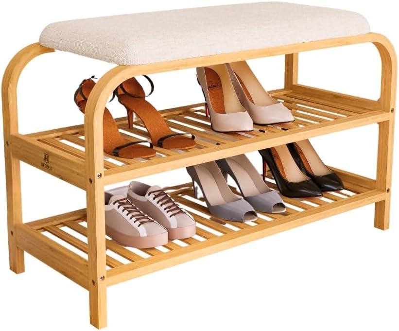 HEIMON Sapateira em Bambu com Banco Estofado 70cm com 2 Andares até 8 Pares, Organização da Entrada da casa, Corredor, Quarto ou Sala