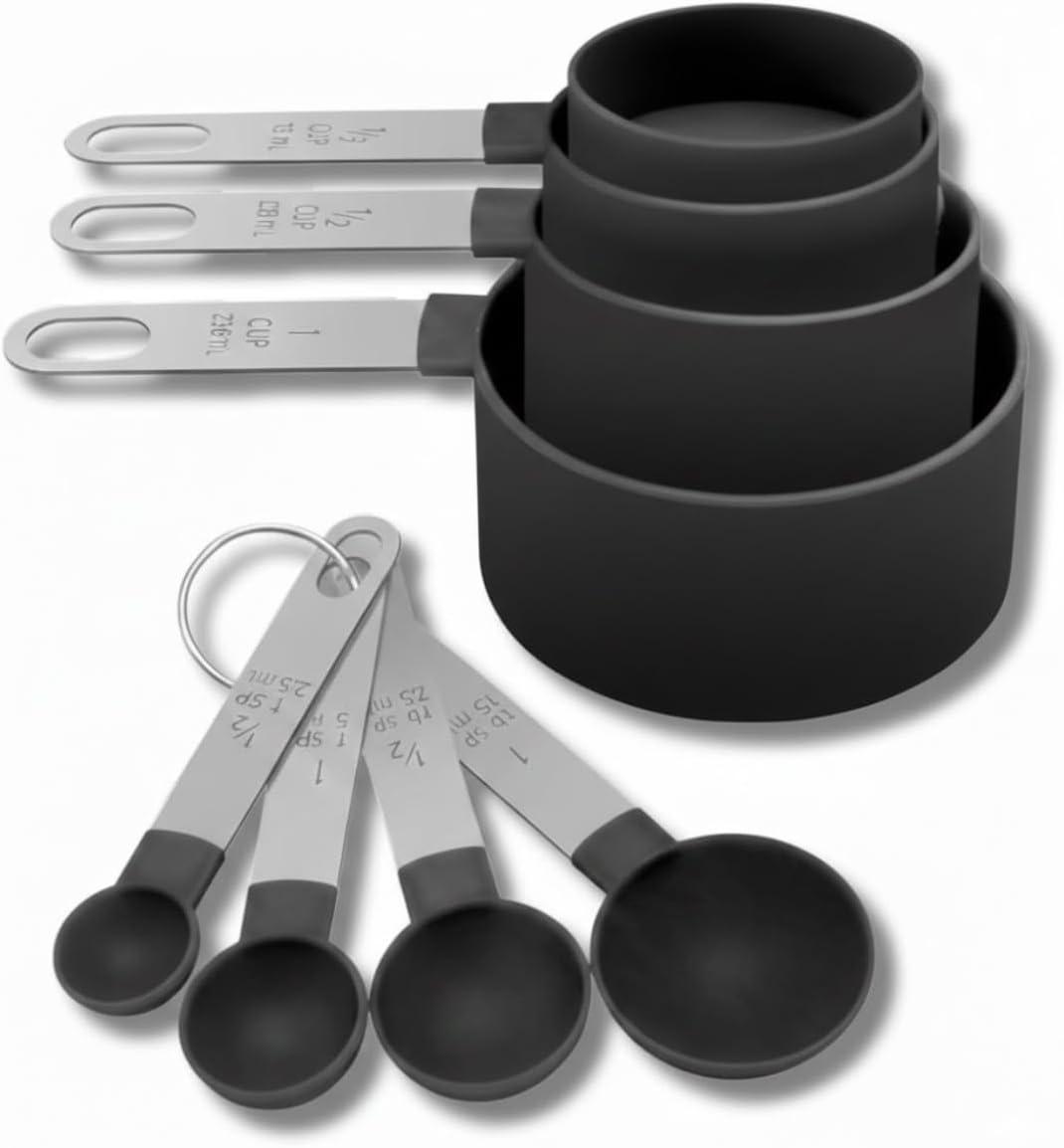 Kit de Medidores para Cozinha, 8 Peças, Colheres e Copos Dosadores, Aço Inox e Plástico (PRETA)