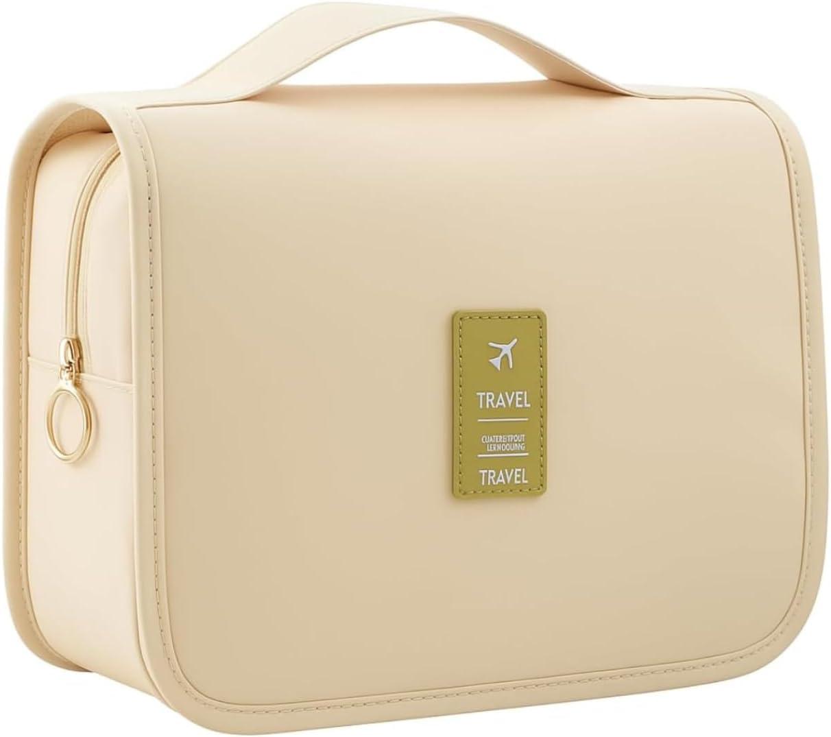 Bolsa Necessaire Maquiagem Cosméticos Viagem Com Divisória e Cabide para Pendurar Organizador de Maquiagem Shampoo Perfumes Higiene Pessoal (Bege)