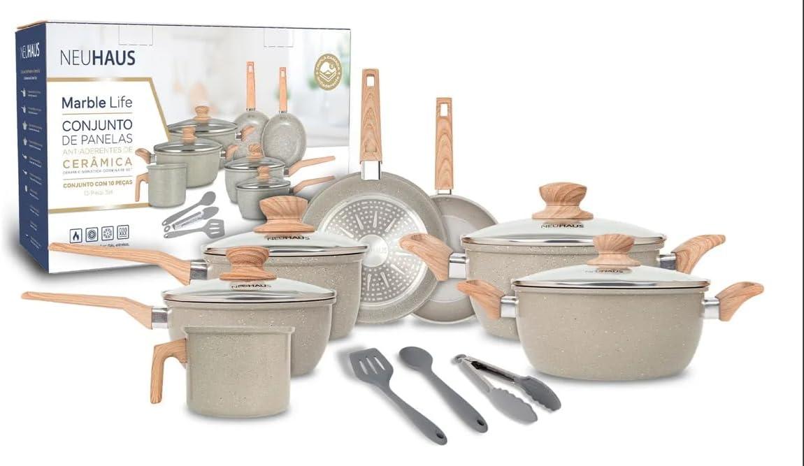 Jogo de Panelas Cerâmica Antiaderente 10 Peças Neuhaus Marble Life – Compatível com Indução, Gás e Elétrico – Com Utensílios em Silicone – Cor Light Grey