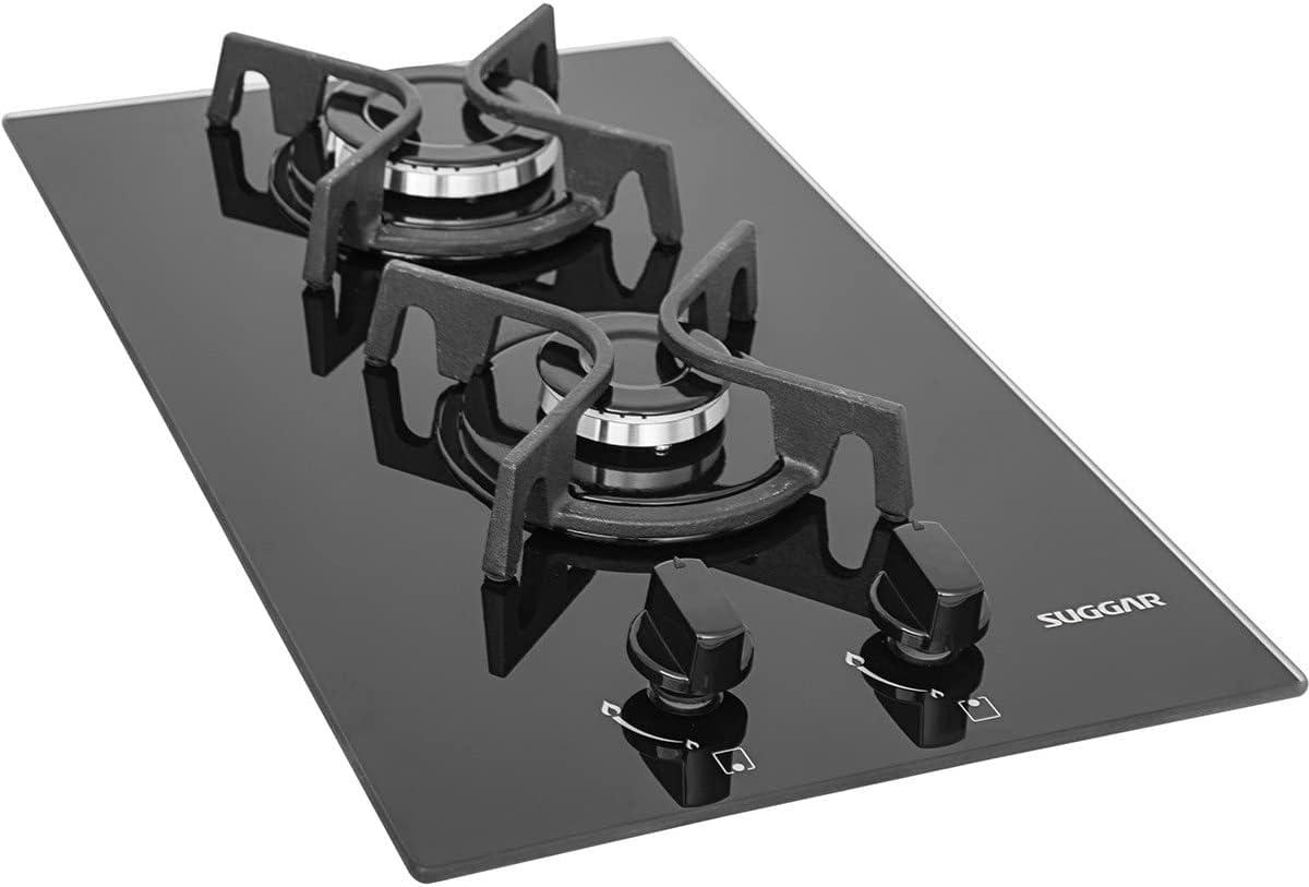 Suggar Cooktop Vidro Preto 2 Queimadores Esmaltados Diferentes Tamanhos Trempes Ferro Fundido Fg2002fvp