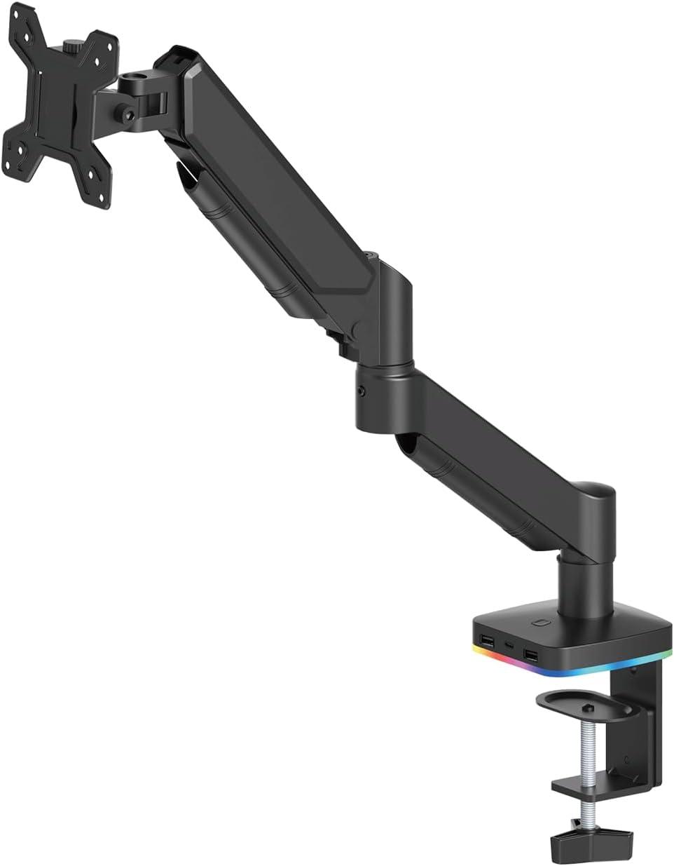 Suporte Articulado Monitor Mesa com RGB e Hub USB, VESA de Engate Rápido, Mola de Tensão Ajustável, Passagem Interna de Cabos — 17–34" / até 9 kg