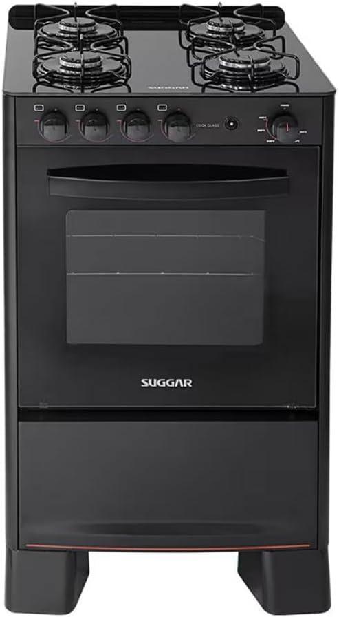 Suggar Fogão de Piso a Gás 4 Bocas Cook Glass com Mesa de Vidro Temperado Preto FGVCG410PT Bivolt 56 Litros 24,5 kg