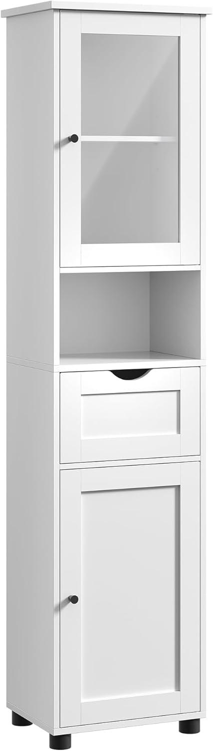 VASAGLE Armário Alto para Banheiro, Armário Estreito, com Prateleira Aberta, Porta de Vidro, Pés Resistentes à Água, Prateleiras com Altura Ajustável, que Economiza Espaço, Branco BRBBK163W01