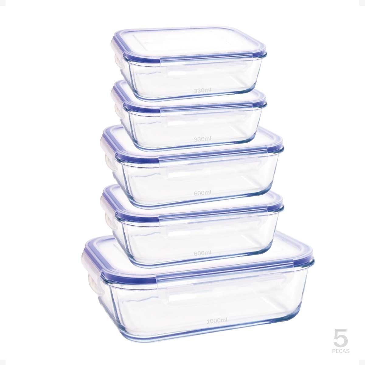 Kit Conjunto 5 Potes De Geladeira Hermético De Vidro Marmita Tampa Click (Azul)