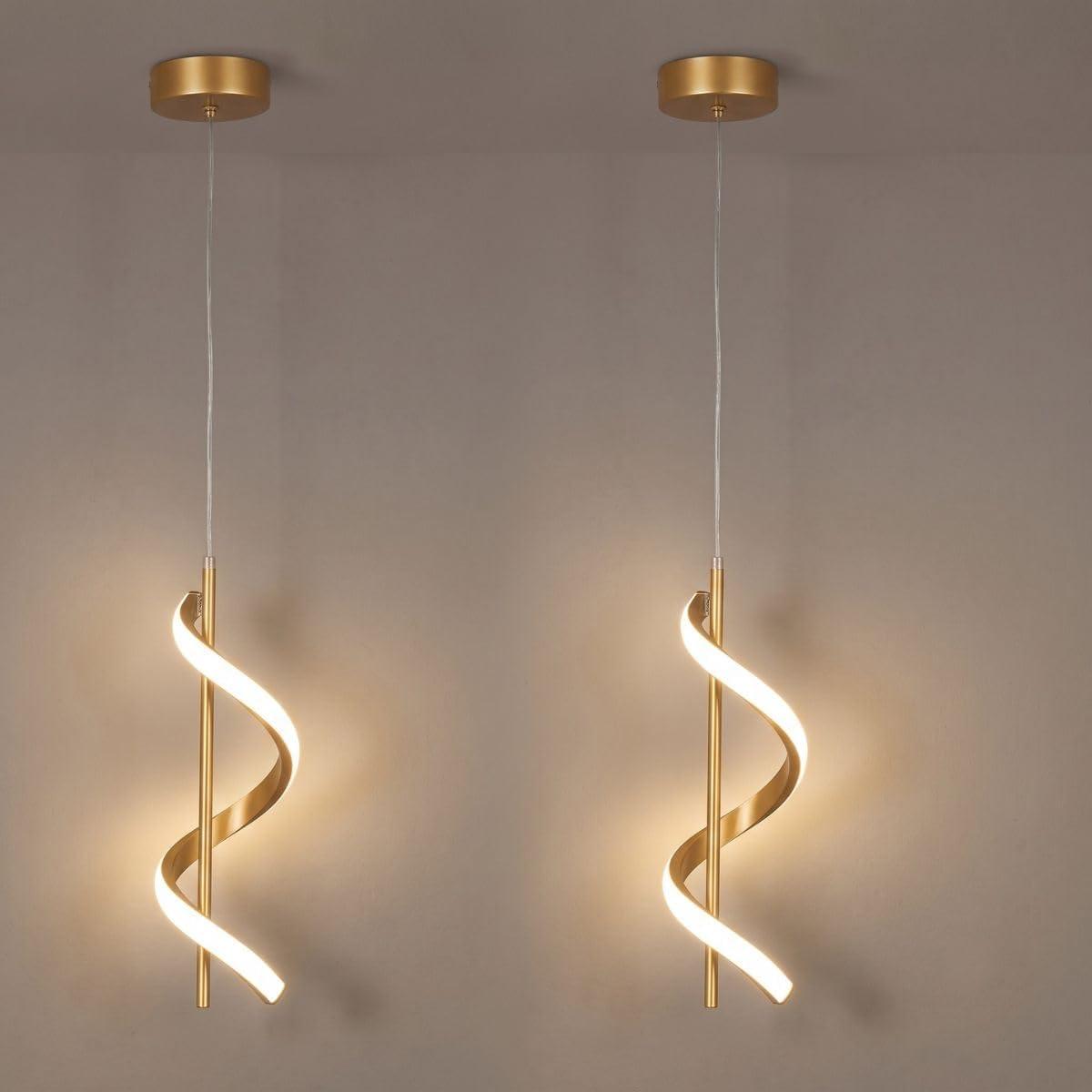 Kit 2 Luminárias Pendente Formato Espiral Cor Dourado com LED de 12W Embutido, Luz Amarela Quente 3000K, Bivolt, Fio Ajustável 1,2M, Ferro com Acrílico, 42x13 cm