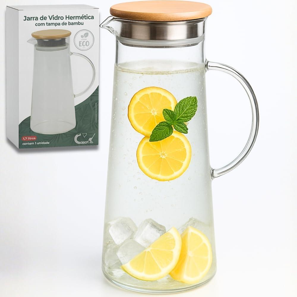 Jarra de Vidro com Tampa de Bambu 1,7L – Design Moderno e Elegante, Vidro Resistente ao Calor, Ideal para Água, Suco, Café Gelado e Chá, Perfeita para Cozinha, Mesa Posta e Decoração KOALAECOM®