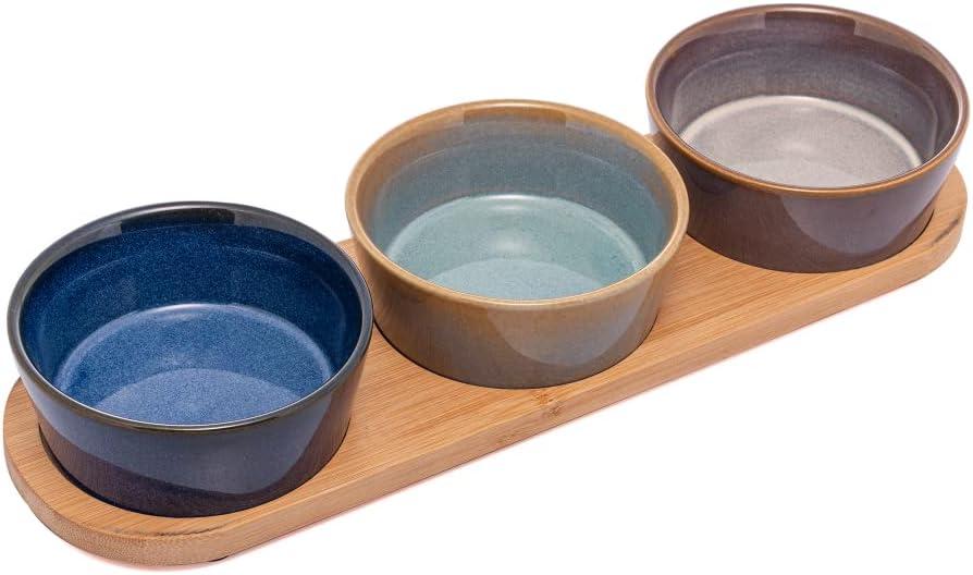 LYOR - Conjunto 3 Petisqueiras de Cerâmica com Bandeja de Bambu 32cm x 9,5cm x 5cm