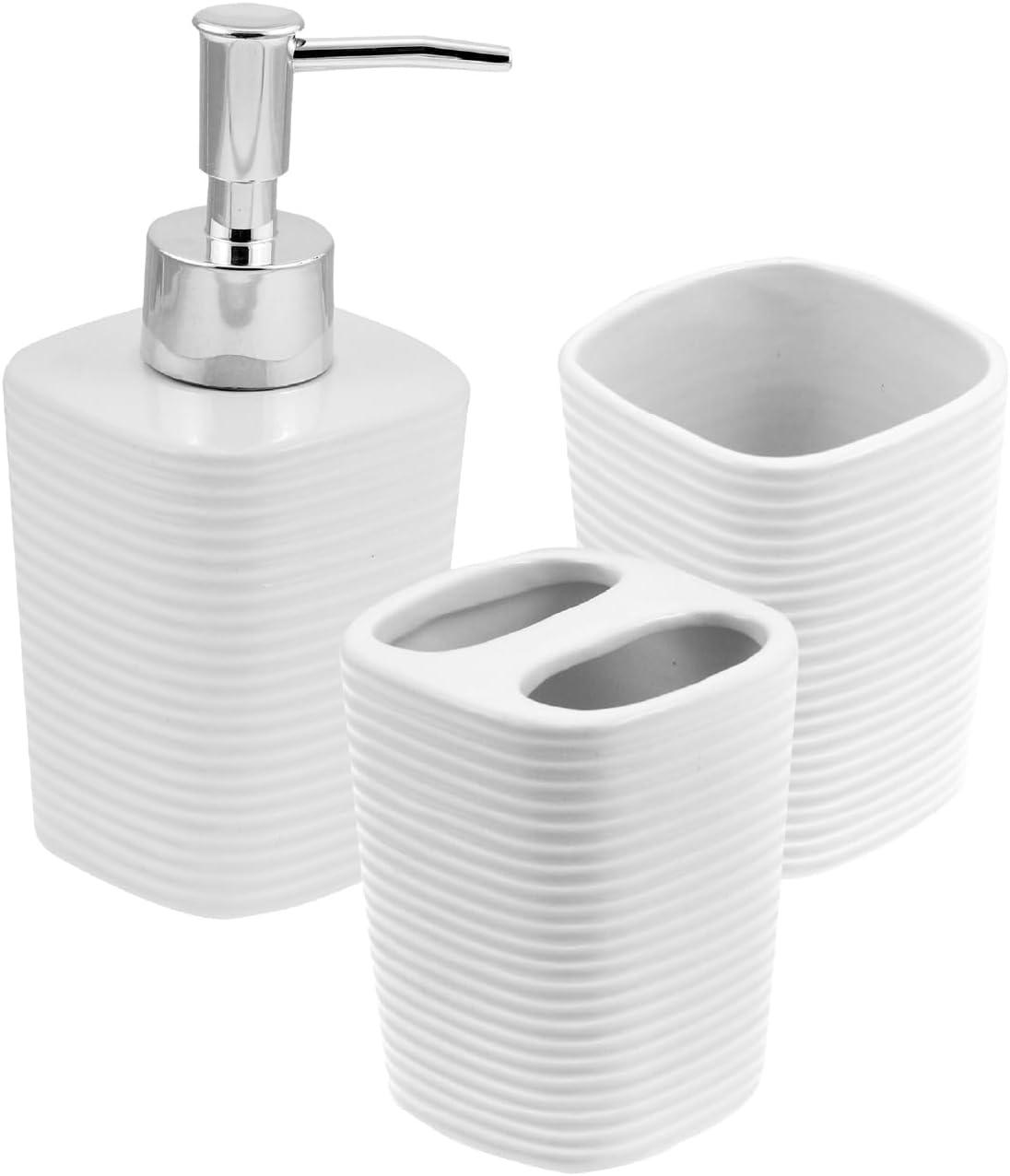 WOLFF - Conjunto 3 Peças para Banheiro Lines Branco - 1 Porta Sabonete Líquido, 1 Porta Algodão e 1 Porta Escovas