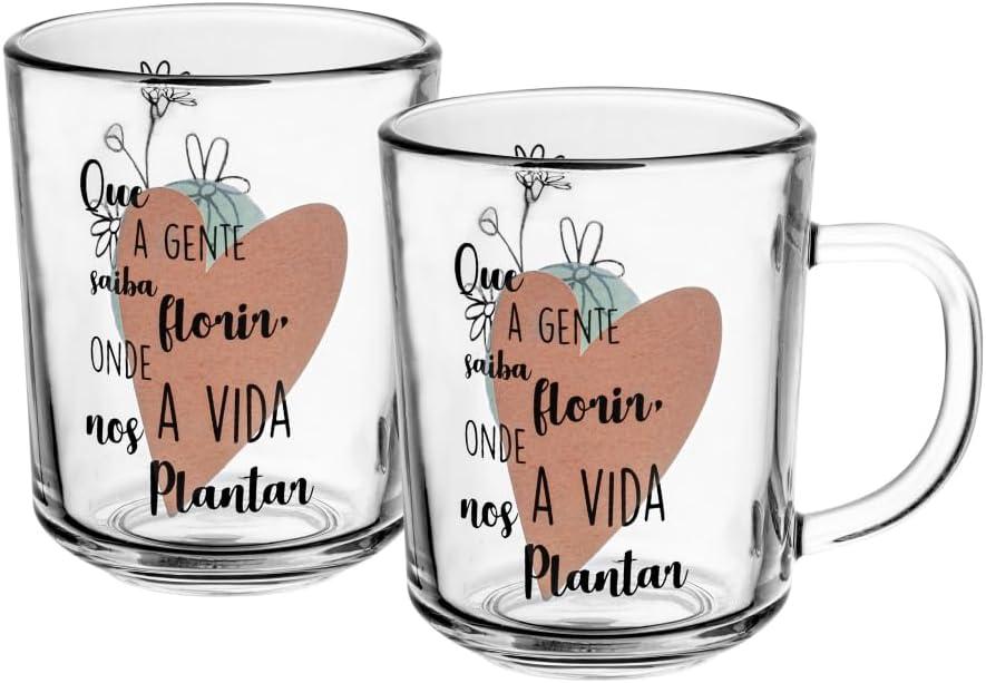 LYOR - Conjunto 2 Canecas em Vidro para Café com Frase ''Saiba Florir'' - Capacidade 220ml