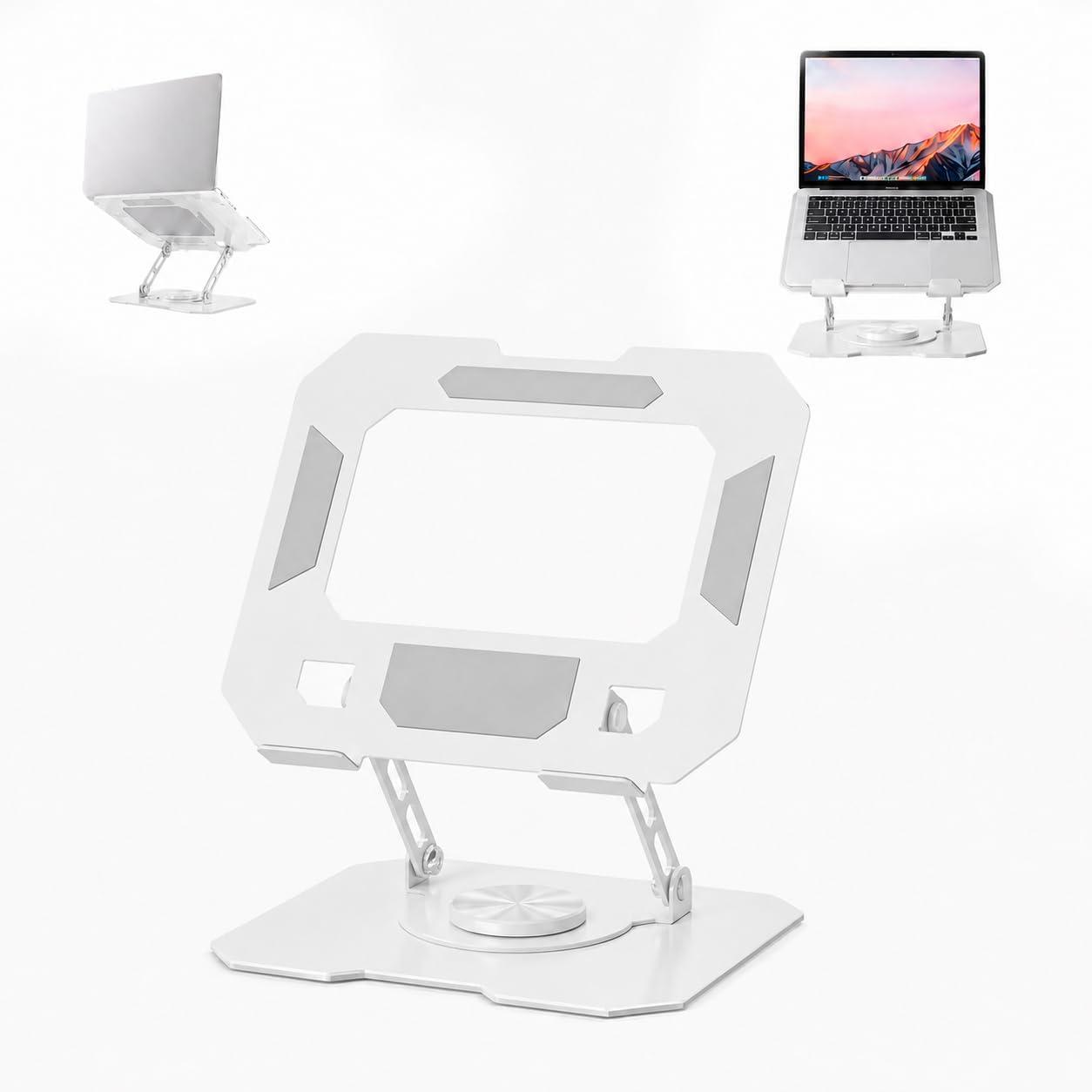 Suporte para Notebook e Laptop de até 17" MTS, Tablets e Celulares, Aço Carbono, Ajustável, Dobrável, Base Giratória 360° e Aberto para Ventilação, Suporta até 10kgs, Ergonômico Portátil (Branco)