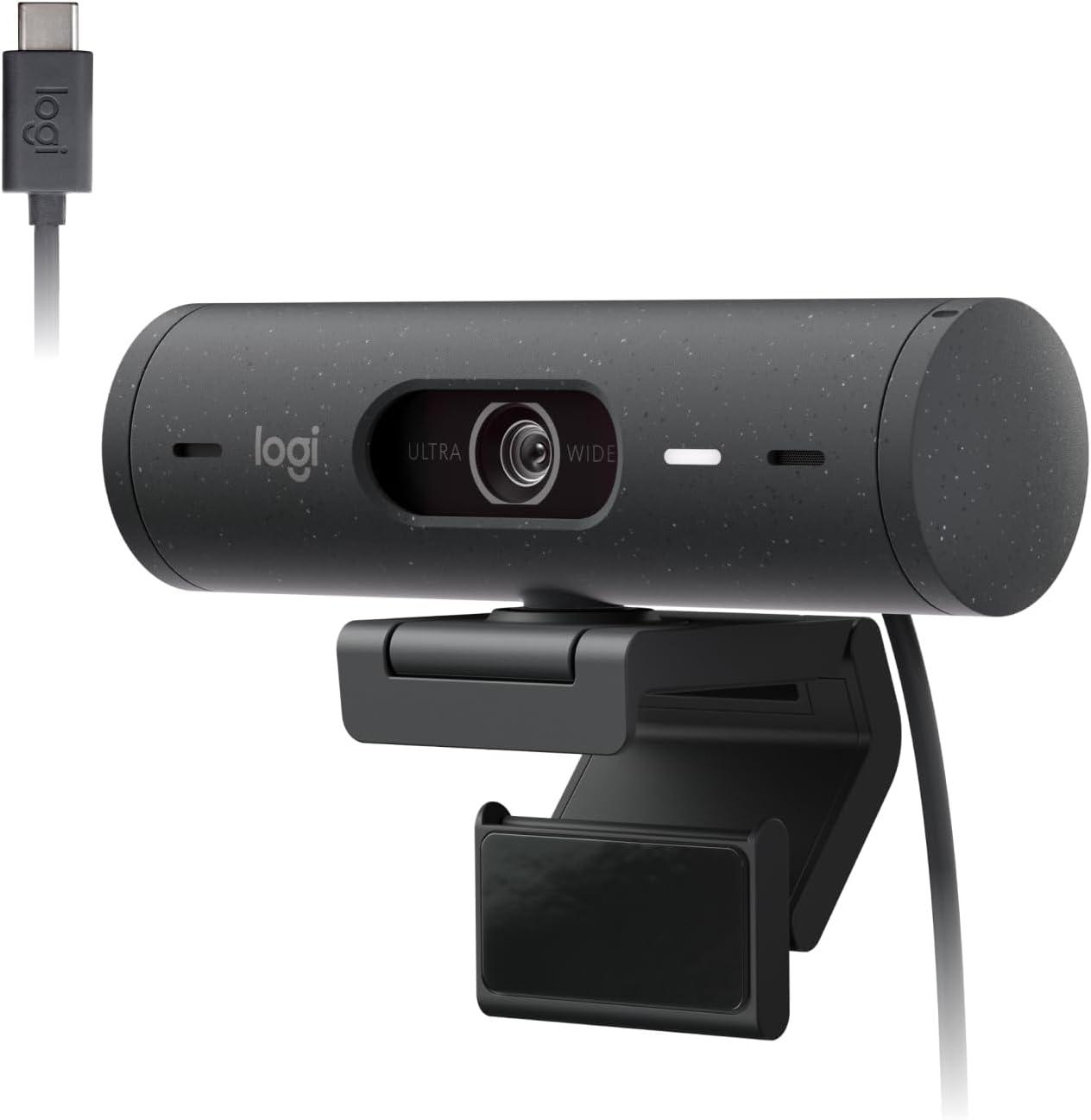 Webcam Full HD Logitech Brio 500, Câmera para PC com Microfones Duplos, Privacidade Integrada, RightLight 4 e Enquadramento Automático - Grafite