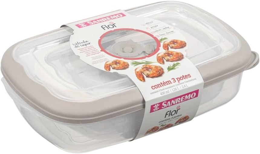 Sanremo - Conjunto com 3 Potes Herméticos Plástico Retangular, Linha Flor