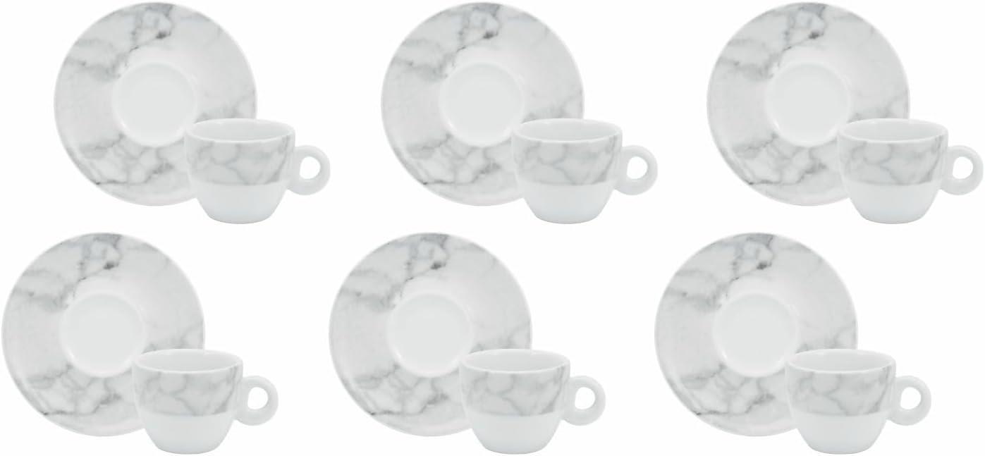 Estojo com 6 Xícaras de de Café com Pires. Modelo Redondo Voyage Coup. Decoração Mármore Cinza. Fabricado pela Porcelana Schmidt.