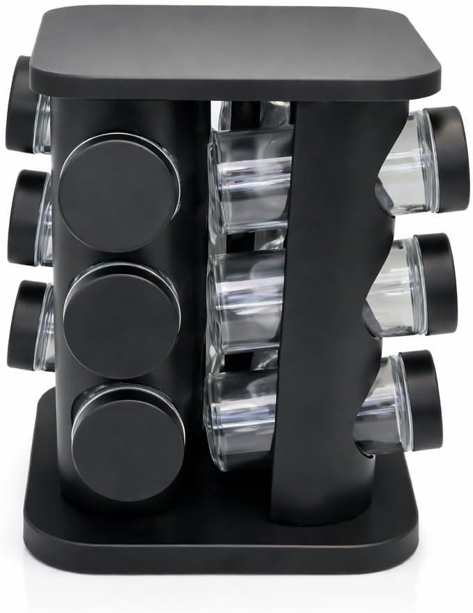 Porta Temperos Giratório com 12 Potes de Vidro, Preto