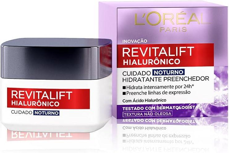 L'Oréal Paris Revitalift Hialurônico Creme Facial Noturno, com Ácido Hialurônico Puro, Com textura leve, preenche linhas de expressão e hidrata a pele intensamente por 24h, 49g