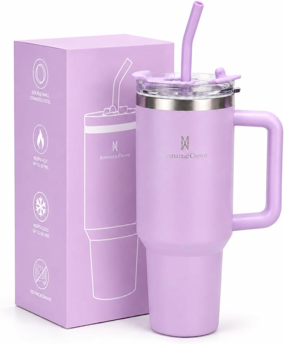 Copo Térmico 1,18L em Aço Inoxidável com Canudo, Tampa e Alça, Roxo Claro