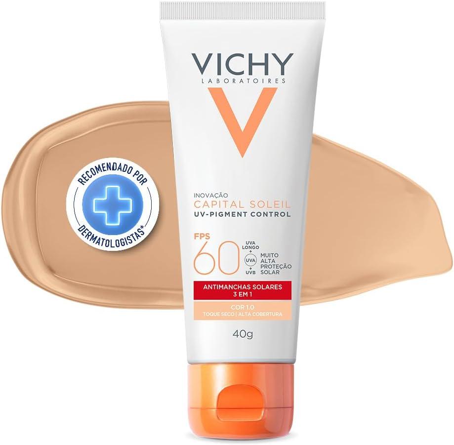 Vichy, Pigment Control, Protetor Solar Facial anti manchas com Alta cobertura, Vitamina B3, Ácido Tranexâmico, FPS60, 40g