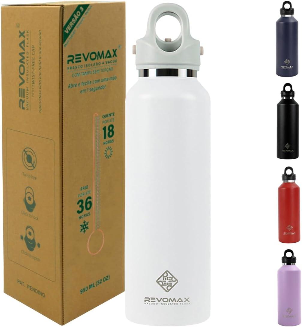 Revomax Garrafa Térmica Desportiva de Vácuo em Aço Inoxidável, Copos Portátil para Viagem 950ml (Branco)