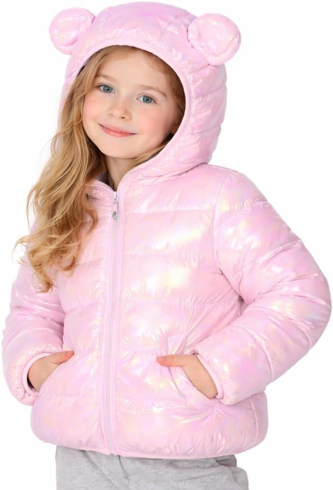 Jaqueta Puffer Infantil Metalizada com Capuz e Orelhinhas de Urso, Impermeável, Dobrável