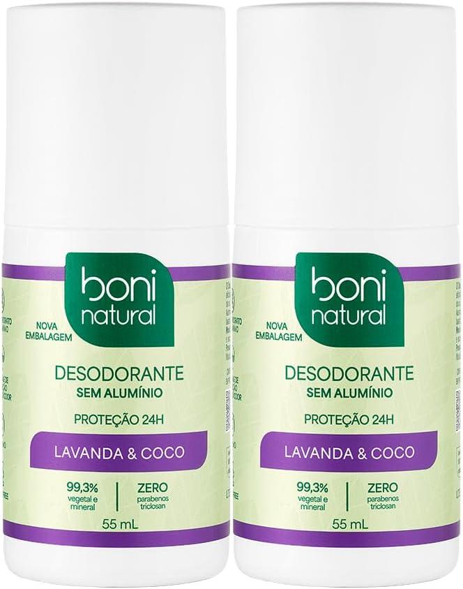 BONI NATURAL - Desodorante Roll-On sem Alumínio, Natural, Vegetal e Vegano, Coco e Lavanda, 55ml, 2 unidades Leve Mais Pague Menos