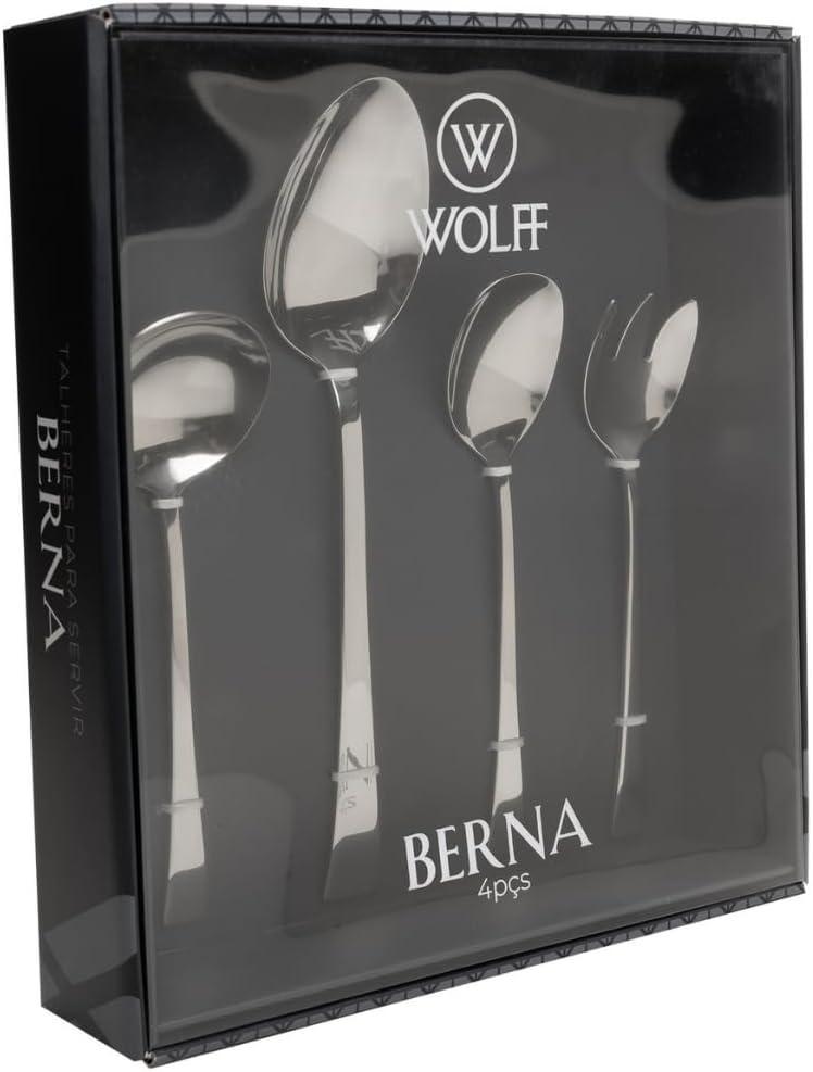 WOLFF - Conjunto 4 Peças para Servir Berna Aço Inox - Colhere para Servir Salada, Garfo para Salada, Concha e Colher para Servir