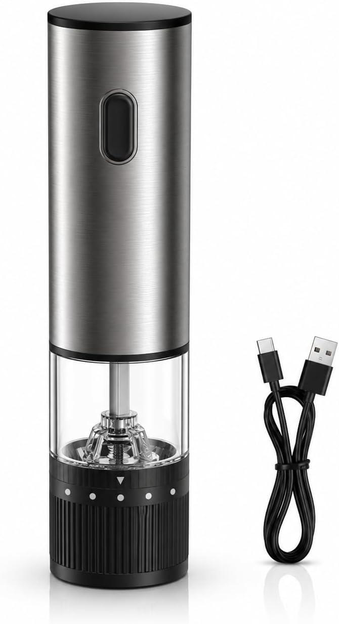 Moedor Eletrico Automatico de Grãos Sal Pimenta USB Recarregavel em Aço Inoxidavel 5 Niveis de Moagem Portátil Durável Higienico para Cozinha Churrasco Grãos Temperos e Sal