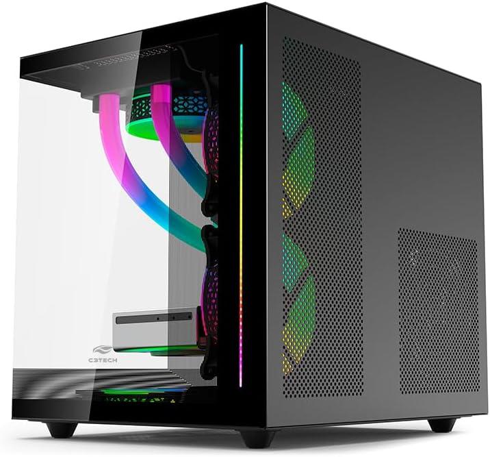 Gabinete AQUARIUS Gaming C3Tech MT-G810BKV2, Preto, frontal e lateral de vidro temperado USB-c, USB 3.0, Conector P2 para Audio e Microfone Comporta até 7 coolers Fan Filtro anti poeira