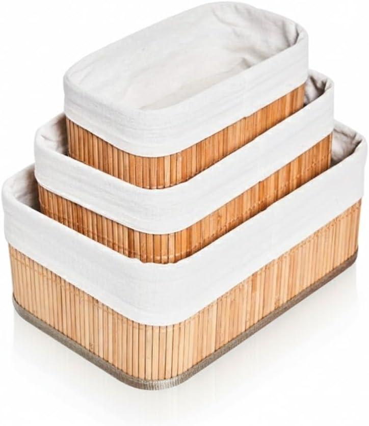 Conjunto de 3 Cestos Organizadores em Bambu com Forro, Cestos Multiuso para Armazenamento, Organizadores Decorativos para Casa e Banheiro
