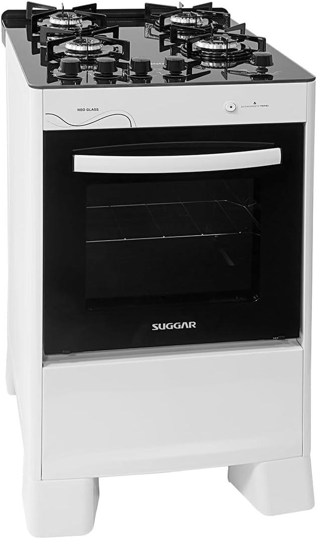 Suggar Fogão Neo Glass Branco Mesa de Vidro 4 Bocas Trempe 6 Apoios Acendimento Automático Fgvng410br