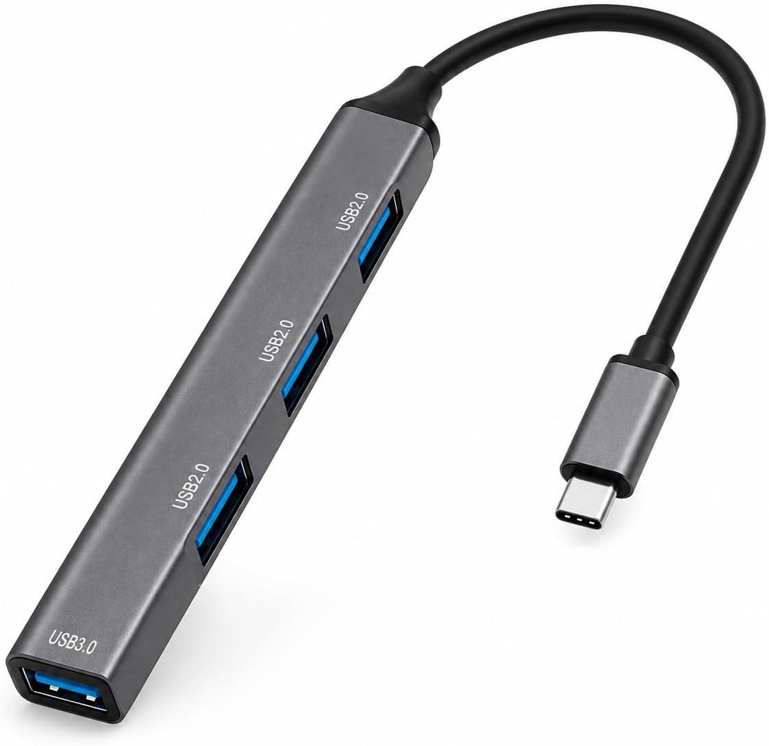Hub USB-C para 4 Portas USB Adaptador Tipo C em Alumínio Plug and Play Compatível com Notebook MacBook Windows Linux Tablet Celular OTG Expansor USB Alta Velocidade