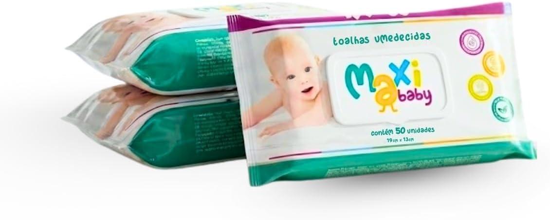 Kit com 3 Toalhas Lenços Umedecidos Hipoalergênico 50un Cada Maxi Baby