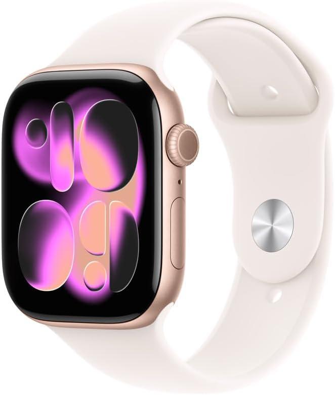 Apple Watch Series 11 GPS, Caixa em alumínio rosa‑dourado de 46 mm com Bracelete desportiva rosa leve - M/G