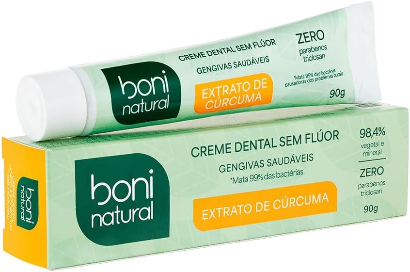 BONI NATURAL - Creme Dental com Óleo Natural de Hortelã e Extrato de Cúrcuma, Ação Anti-inflamatória, Sem Flúor, Sem Parabenos, Sem Triclosan, 90g