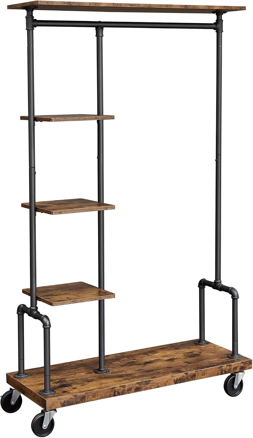 VASAGLE Cabideiro, Arara de Roupas com Rodas, Estante de 5 Níveis com Tubos Metálicos, para Quarto, Loja, Lavanderia, Sala de Estar, Marrom Rústico e Preto BRHSR66BX