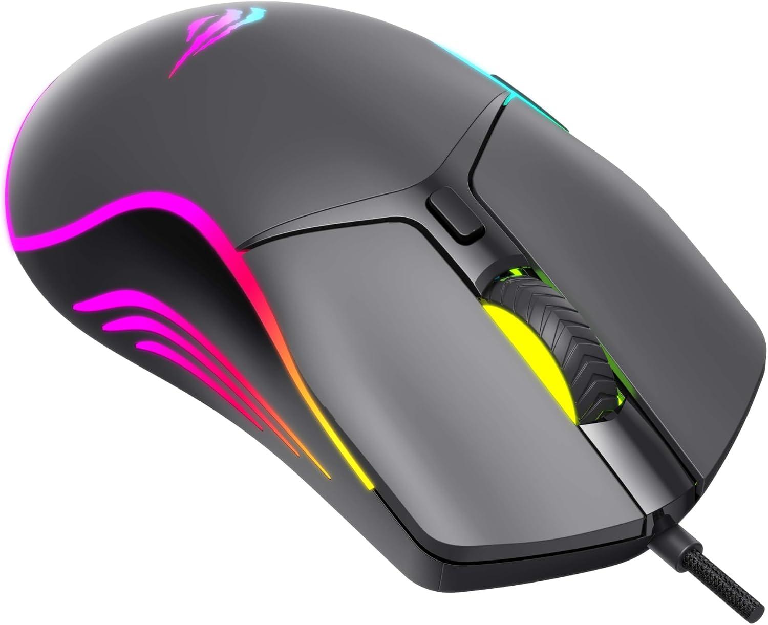 Havit Mouse Gamer MS1029 USB Iluminação RGB, 6 botões 1200-1800-2400-3600-4800-7200 DPI, Design Ergonômico, Bloqueio de Alvo Fácil e Precisopara Games