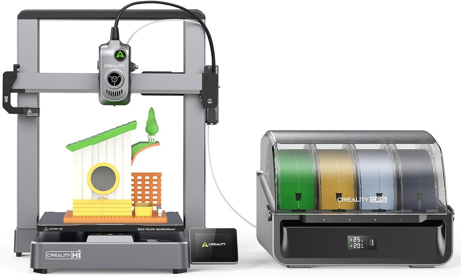 Creality Hi Combo Impressora 3D multicolorida com CFS, alta velocidade de 500 mm/s, nivelamento automático, leitura automática do filamento, extrusora sem entupimentos, 95% pré-montada, 26x26x30cm