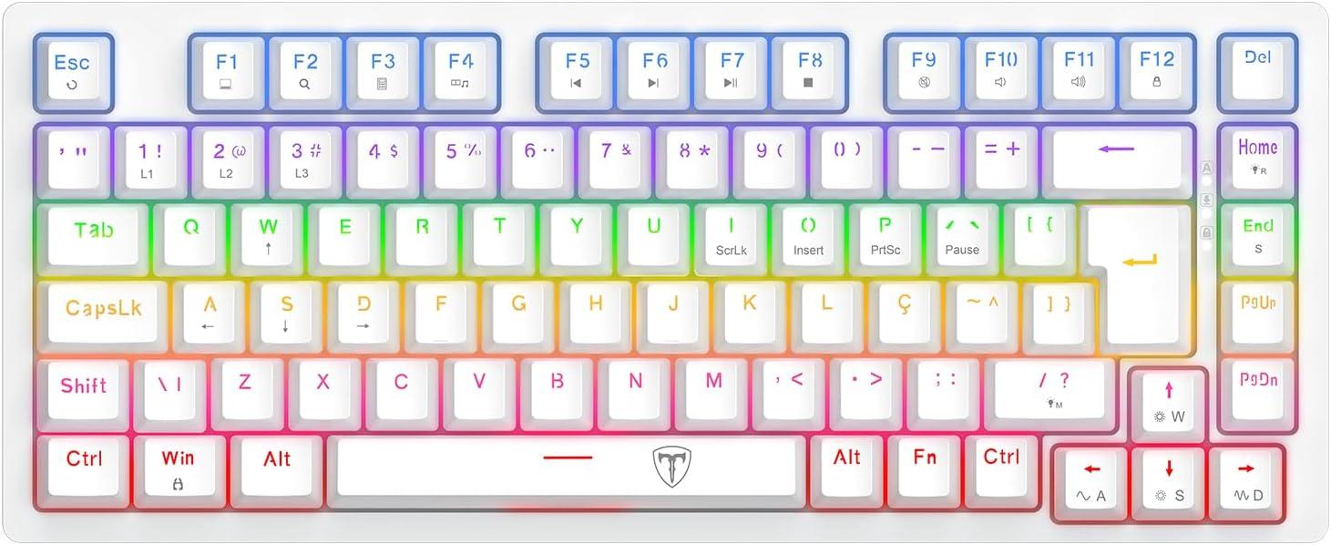 Teclado Mecânico Gamer T-Dagger Megatre Iluminação Rainbow Branco 75% Switch Marrom T-TGK326W-BR