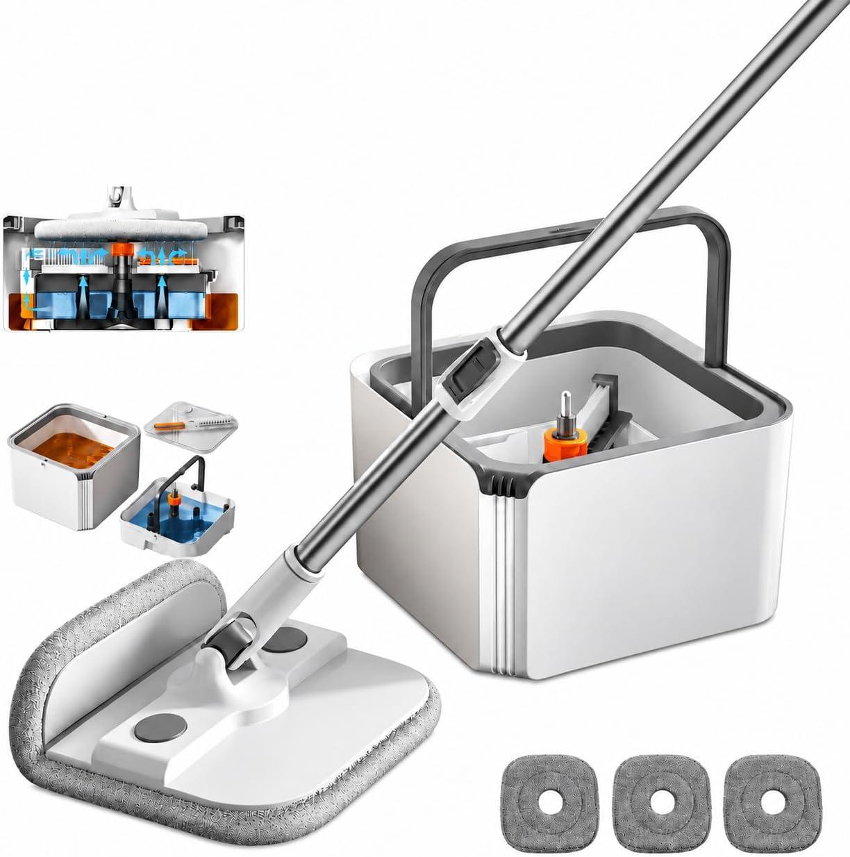 Mop Lava e Seca com Balde Separador, Prensa para Secagem, Base Flexível 360°, Pano de Microfibra Reutilizável para Limpeza de Pisos, Vidros e Superfícies (Mop Giratório)
